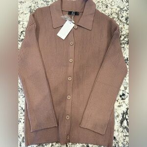 Button-Front Ribbed Cardigan Sweater - Brown